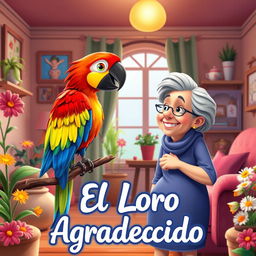 An animated-style image depicting a colorful parrot perched on a branch inside a cozy house, facing a cheerful elderly woman who is smiling warmly at the parrot