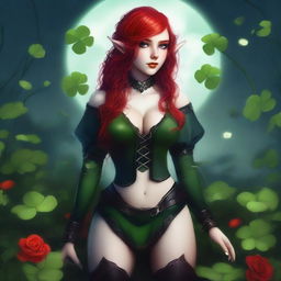 This digital art image presents a red-haired elf girl with a sensual, dark fairy aesthetic, infused with vampire elements