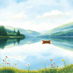 A beautiful watercolor painting of a serene lakeside scene, perfect for a book cover