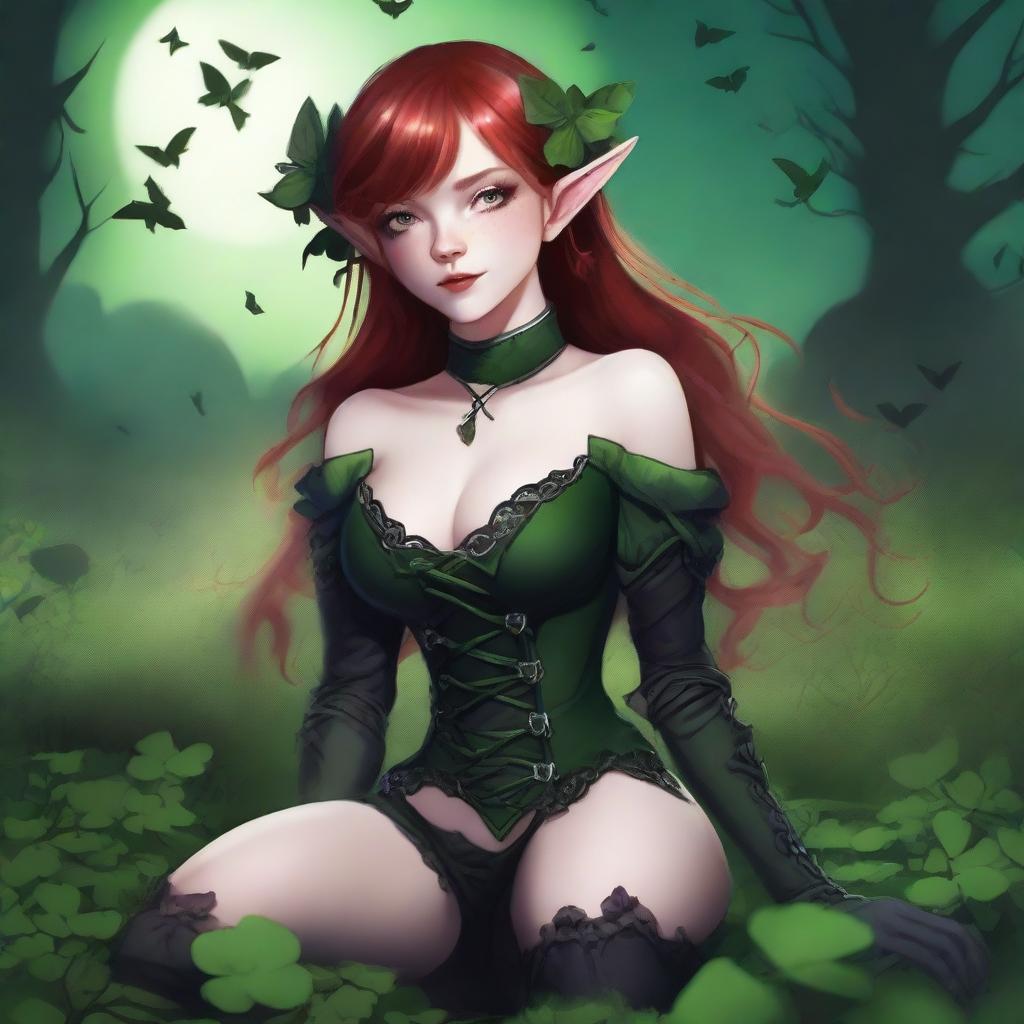 This digital art image features a red-haired elf girl exuding a sensual, dark fairy aesthetic with vampire characteristics