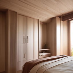 A minimalist wooden bedroom specifically tailored for a girl in her 20s, reflecting her youthful and elegant personality.