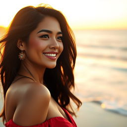 A stunning digital portrait featuring a confident and beautiful woman captured in a warm sunset glow