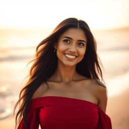 A stunning digital portrait featuring a confident and beautiful woman captured in a warm sunset glow