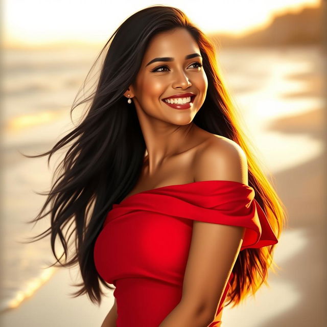 A stunning digital portrait featuring a confident and beautiful woman captured in a warm sunset glow