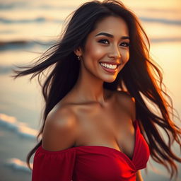A stunning digital portrait featuring a confident and beautiful woman captured in a warm sunset glow