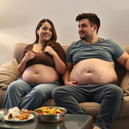A scene depicting a man and woman in their late twenties lounging comfortably on a plush hotel couch