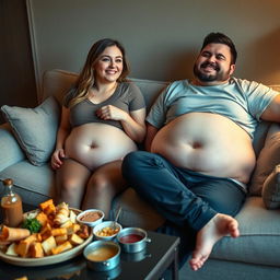 A scene depicting a man and woman in their late twenties lounging comfortably on a plush hotel couch