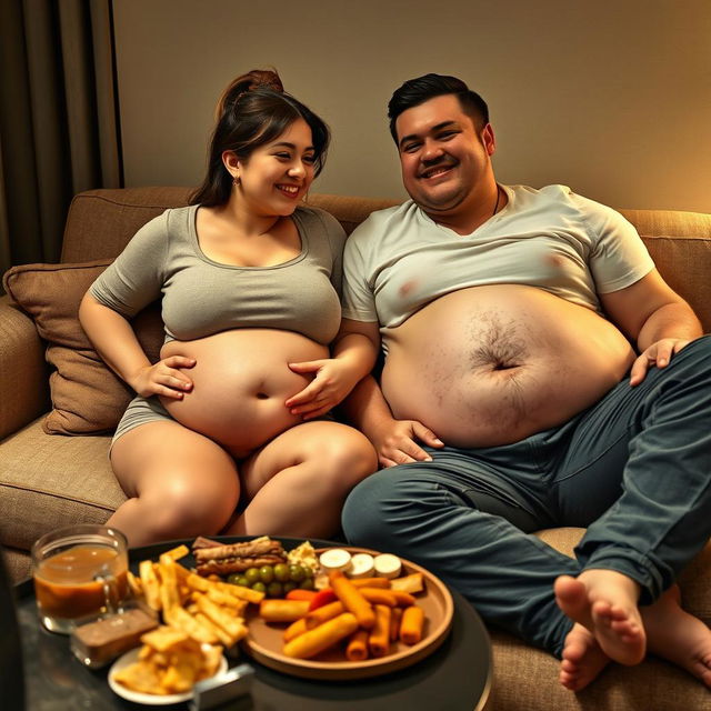 A scene depicting a man and woman in their late twenties lounging comfortably on a plush hotel couch