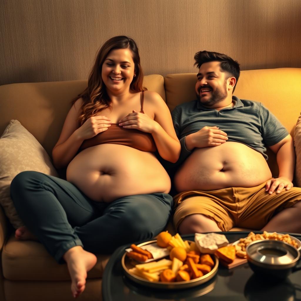 A scene depicting a man and woman in their late twenties lounging comfortably on a plush hotel couch