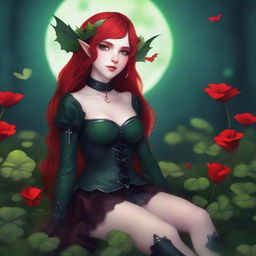 This digital art image features a red-haired elf girl exuding a sensual, dark fairy aesthetic with vampire characteristics