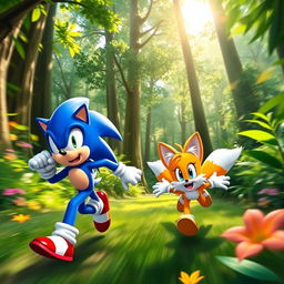 A vibrant scene of Sonic the Hedgehog and Tails running joyfully through a lush green forest, with sunlight filtering through the leafy canopy above