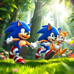 A vibrant scene of Sonic the Hedgehog and Tails running joyfully through a lush green forest, with sunlight filtering through the leafy canopy above