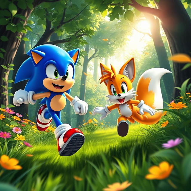 A vibrant scene of Sonic the Hedgehog and Tails running joyfully through a lush green forest, with sunlight filtering through the leafy canopy above