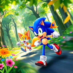 A vibrant scene of Sonic the Hedgehog and Tails running joyfully through a lush green forest, with sunlight filtering through the leafy canopy above