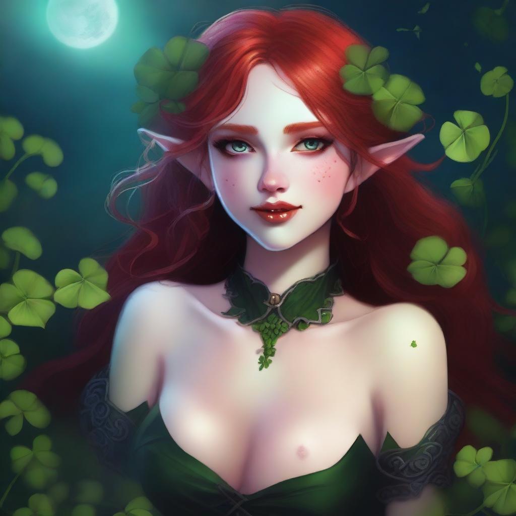 This digital art image features a red-haired elf girl exuding a sensual, dark fairy aesthetic with vampire characteristics