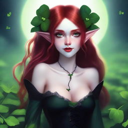 This digital art image features a red-haired elf girl exuding a sensual, dark fairy aesthetic with vampire characteristics