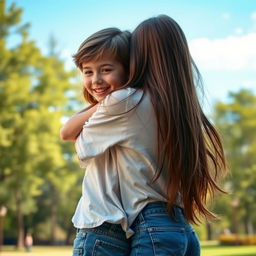 A warm and affectionate scene depicting a girl hugging a boy from the side