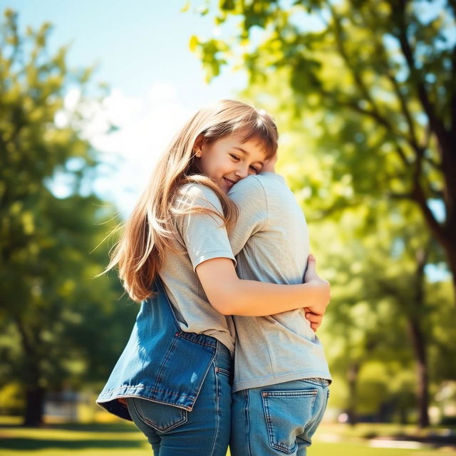 A warm and affectionate scene depicting a girl hugging a boy from the side