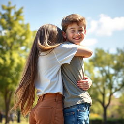 A warm and affectionate scene depicting a girl hugging a boy from the side
