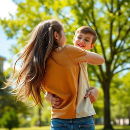 A warm and affectionate scene depicting a girl hugging a boy from the side