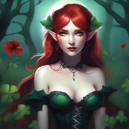 This digital art image presents a red-haired elf girl with a sensual, dark fairy aesthetic, infused with vampire elements