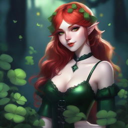 This digital art image presents a red-haired elf girl with a sensual, dark fairy aesthetic, infused with vampire elements