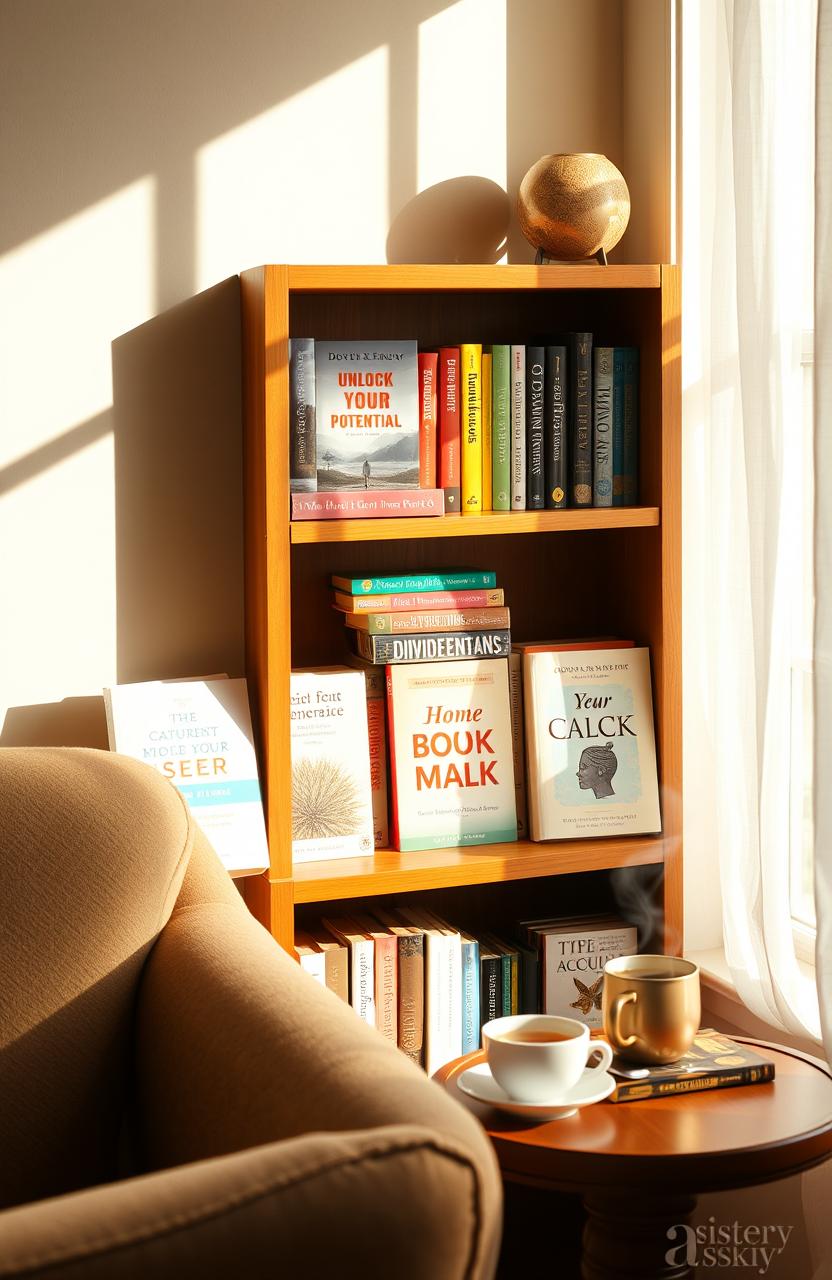 A collection of self-help books arranged neatly on a cozy wooden bookshelf