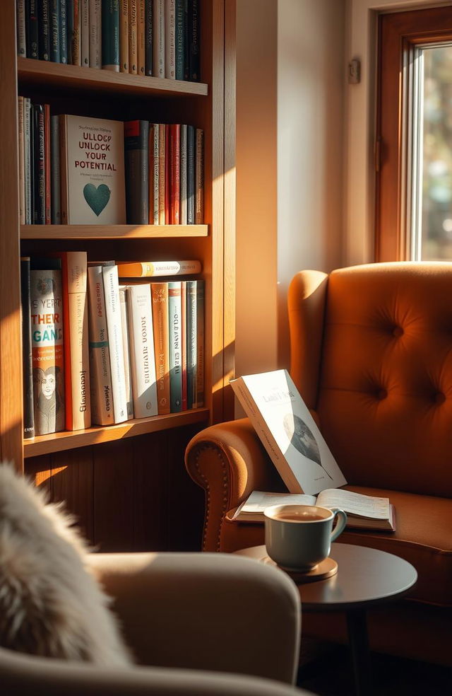 A collection of self-help books arranged neatly on a cozy wooden bookshelf