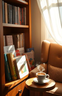 A collection of self-help books arranged neatly on a cozy wooden bookshelf