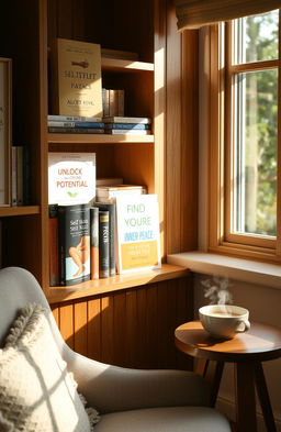 A collection of self-help books arranged neatly on a cozy wooden bookshelf