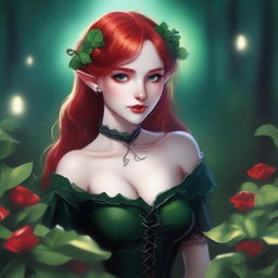 This digital art image presents a red-haired elf girl with a sensual, dark fairy aesthetic, infused with vampire elements