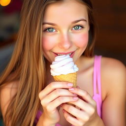 A beautiful girl with long brown hair and fair skin, wearing pink lingerie
