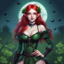 This digital art image presents a red-haired elf girl with a sensual, dark fairy aesthetic, infused with vampire elements