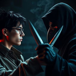 A scene depicting a fierce showdown between a young man with black hair, wearing glasses, and a serious expression, dressed in a shirt