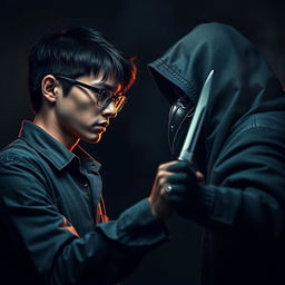 A scene depicting a fierce showdown between a young man with black hair, wearing glasses, and a serious expression, dressed in a shirt