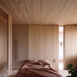 A minimalist wooden bedroom specifically tailored for a girl in her 20s, reflecting her youthful and elegant personality.