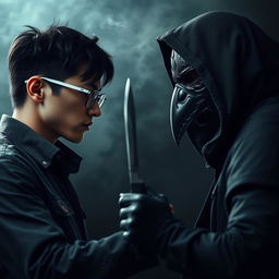A scene depicting a fierce showdown between a young man with black hair, wearing glasses, and a serious expression, dressed in a shirt
