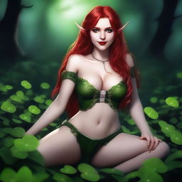 This digital art image, rendered in a realistic style, features a sensual red-haired elf girl with vampire characteristics