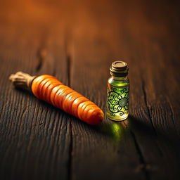 A striking still life composition featuring a vibrant orange carrot lying on a textured wooden tabletop