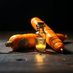 A striking still life composition featuring a vibrant orange carrot lying on a textured wooden tabletop