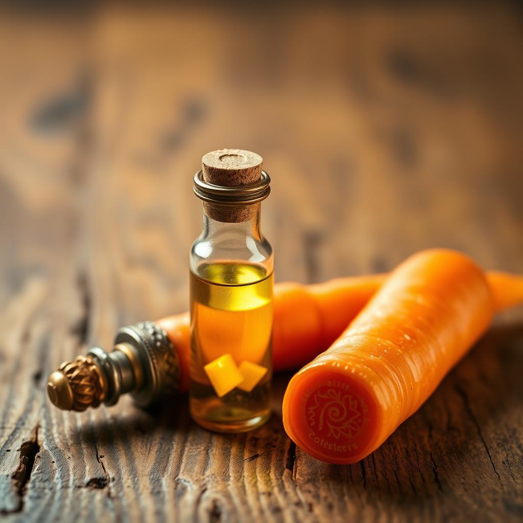 A striking still life composition featuring a vibrant orange carrot lying on a textured wooden tabletop