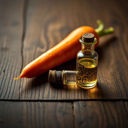 A striking still life composition featuring a vibrant orange carrot lying on a textured wooden tabletop