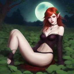 This digital art image, rendered in a realistic style, features a sensual red-haired elf girl with vampire characteristics