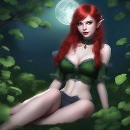 This digital art image, rendered in a realistic style, features a sensual red-haired elf girl with vampire characteristics