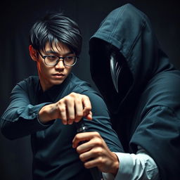 A dramatic scene featuring a young man with black hair, wearing glasses, a serious expression, and dressed in a fitted shirt