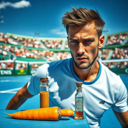 A dynamic portrait of Jannik Sinner on a tennis court, captured mid-action as he prepares to serve