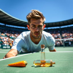 A dynamic portrait of Jannik Sinner on a tennis court, captured mid-action as he prepares to serve