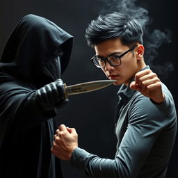 A dramatic scene featuring a young man with black hair, wearing glasses, a serious expression, and dressed in a fitted shirt