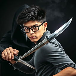 A dramatic scene featuring a young man with black hair, wearing glasses, a serious expression, and dressed in a fitted shirt