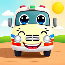 A cheerful cartoon-style ambulance with big expressive eyes and a smiling mouth